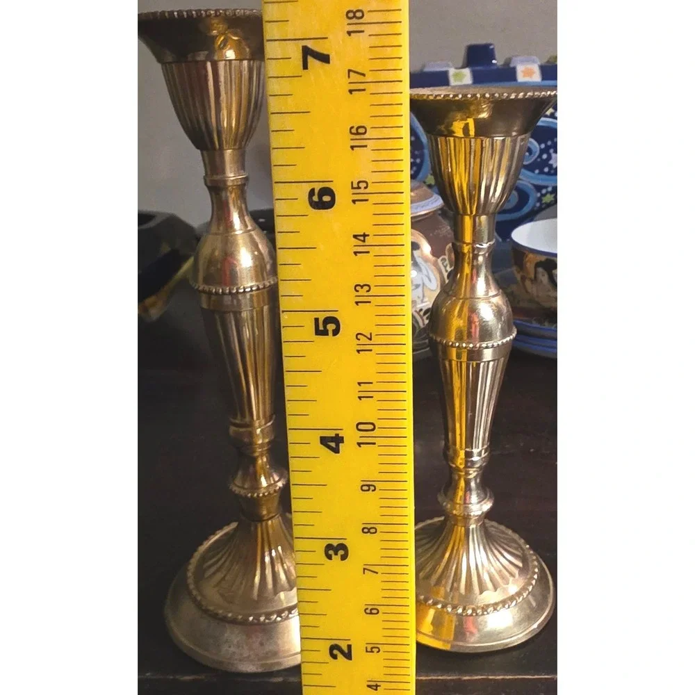 Candlesticks Vintage Fluted Brass Pair 7